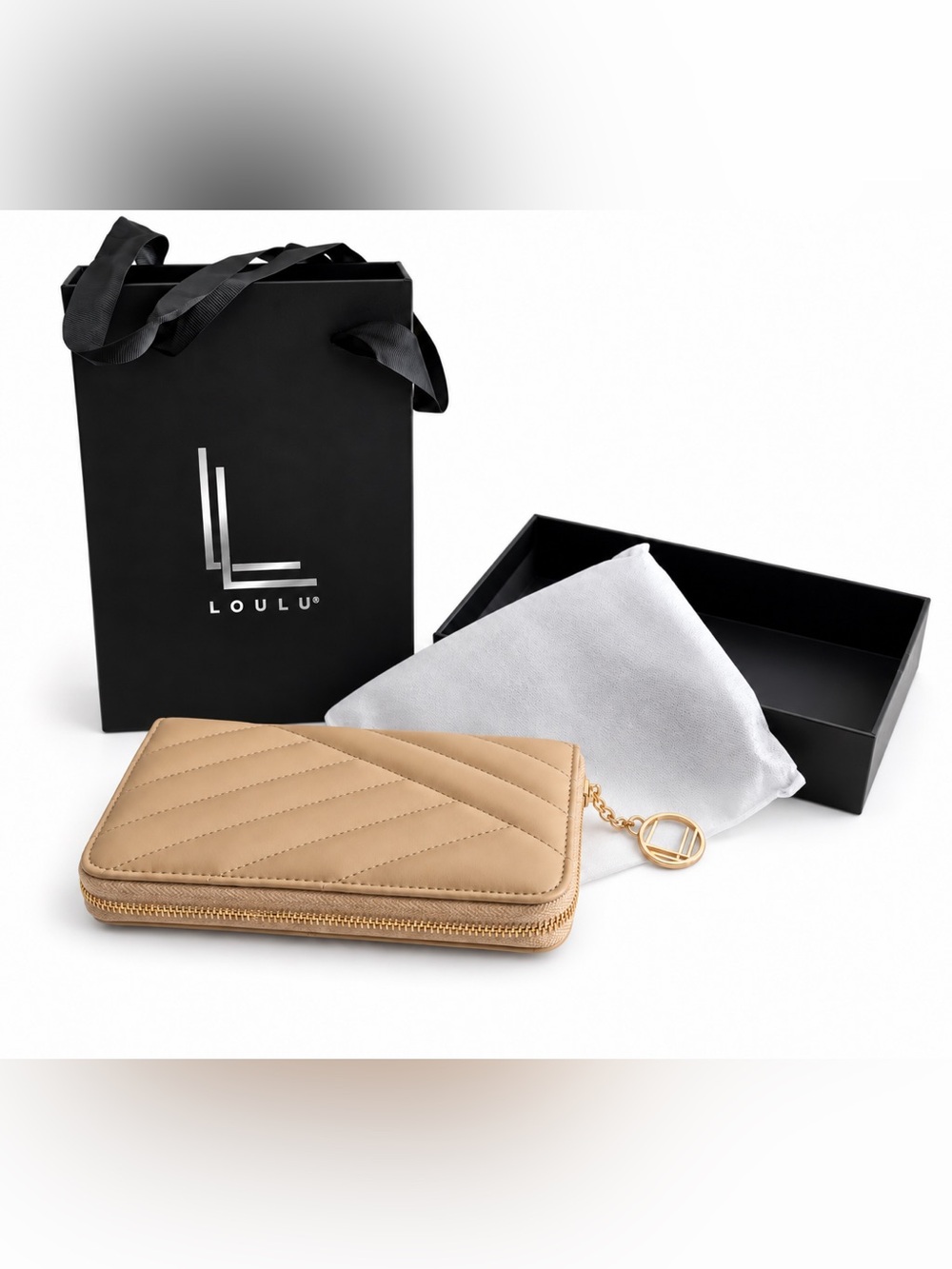 LOULU Quilted Zip Wallet in Beige with Gold Hardware